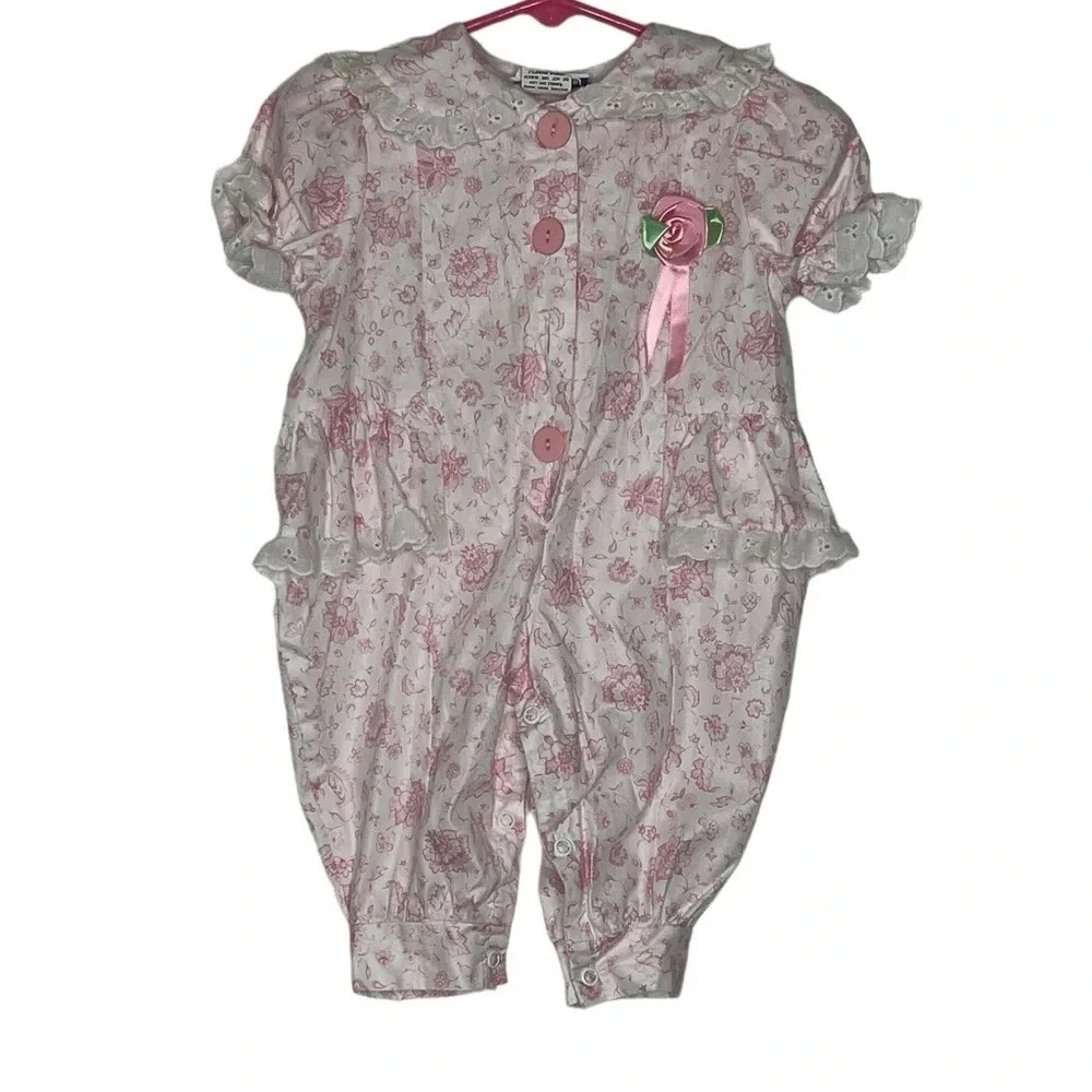 Vintage Doe spun baby girls white pink floral romper eyelet trim sz 3-6m